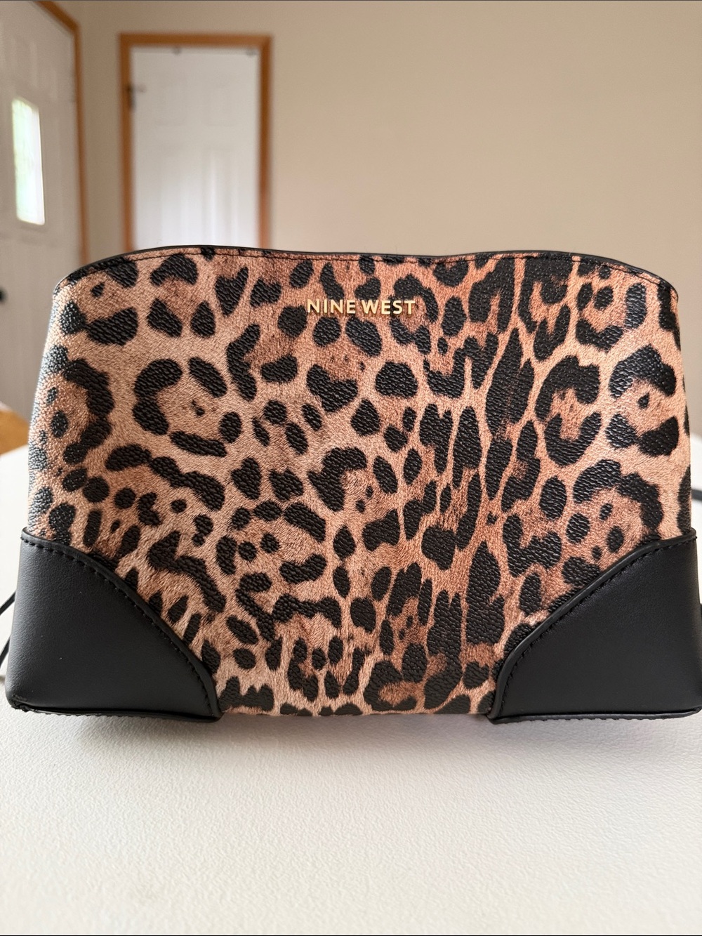 Nine West - Leopard Print Crossbody in Brown and Black with Gold Chain